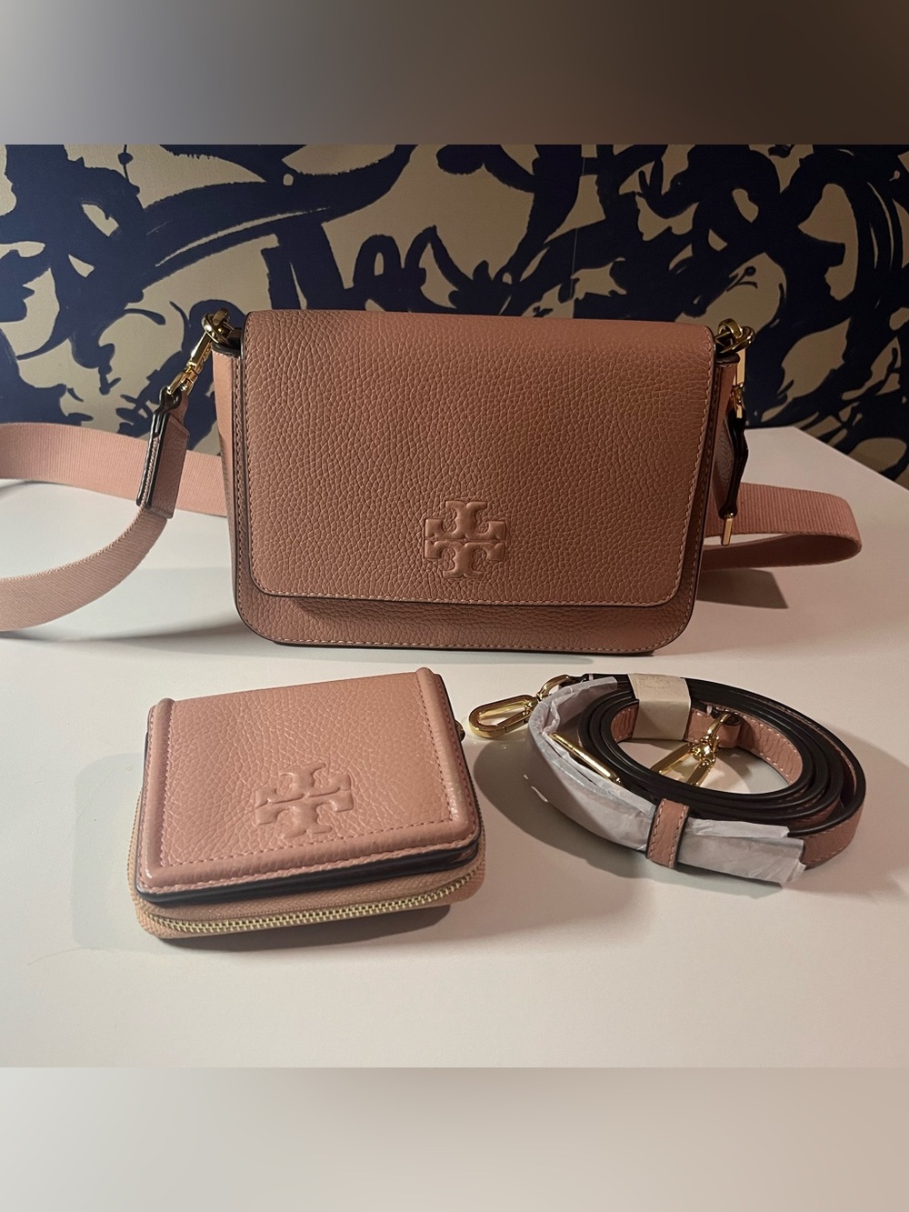 Tory Burch Dusty Pink Pebbled Leather Crossbody with Matching Wallet extra Strap